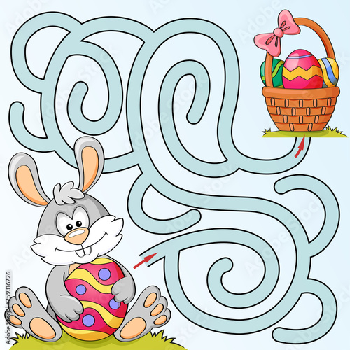 Help little bunny find path to easter basket with eggs. Labyrinth. Maze game for kids