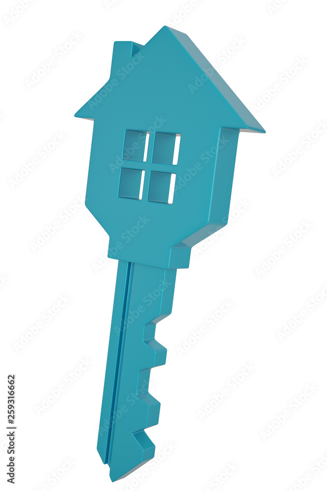 Blue house key isolated on white background 3D illustration. Blue house key isolated on white background 3D illustration.