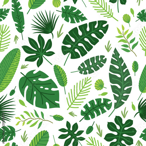 Tropical leaves vector pattern. Summer equatorial rainforest with foliage