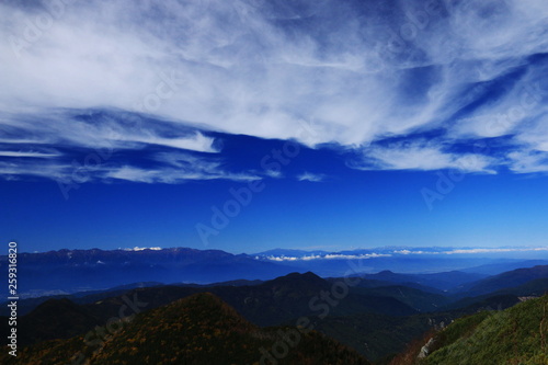 南アルプス塩見岳山頂への道 塩見小屋からの中央アルプス、北アルプス、乗鞍岳遠景 