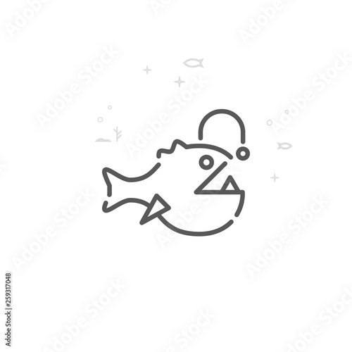 Anglerfish, Deep Sea Fish Vector Line Icon, Symbol, Pictogram, Sign. Abstract Geometric Background. Editable Stroke
