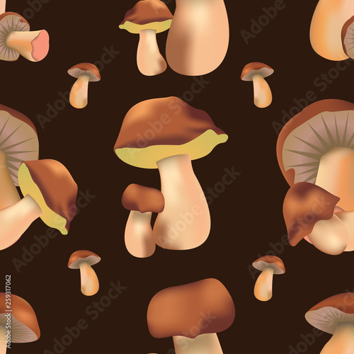 Seamless pattern. Forest mushroom. Boletus edulis. Realistic vector for wrapping paper, cards, banners and backgrounds.