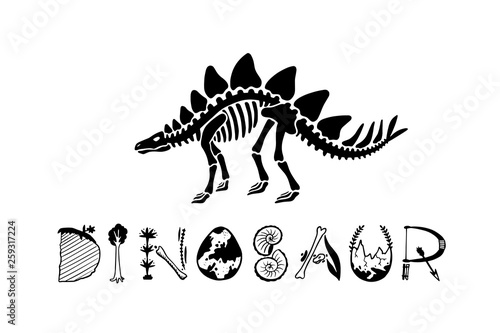 Vector logotype dinosaur skeleton stegosaurus isolated on white background. Black silhouette. Lettering with cute letters.. 
