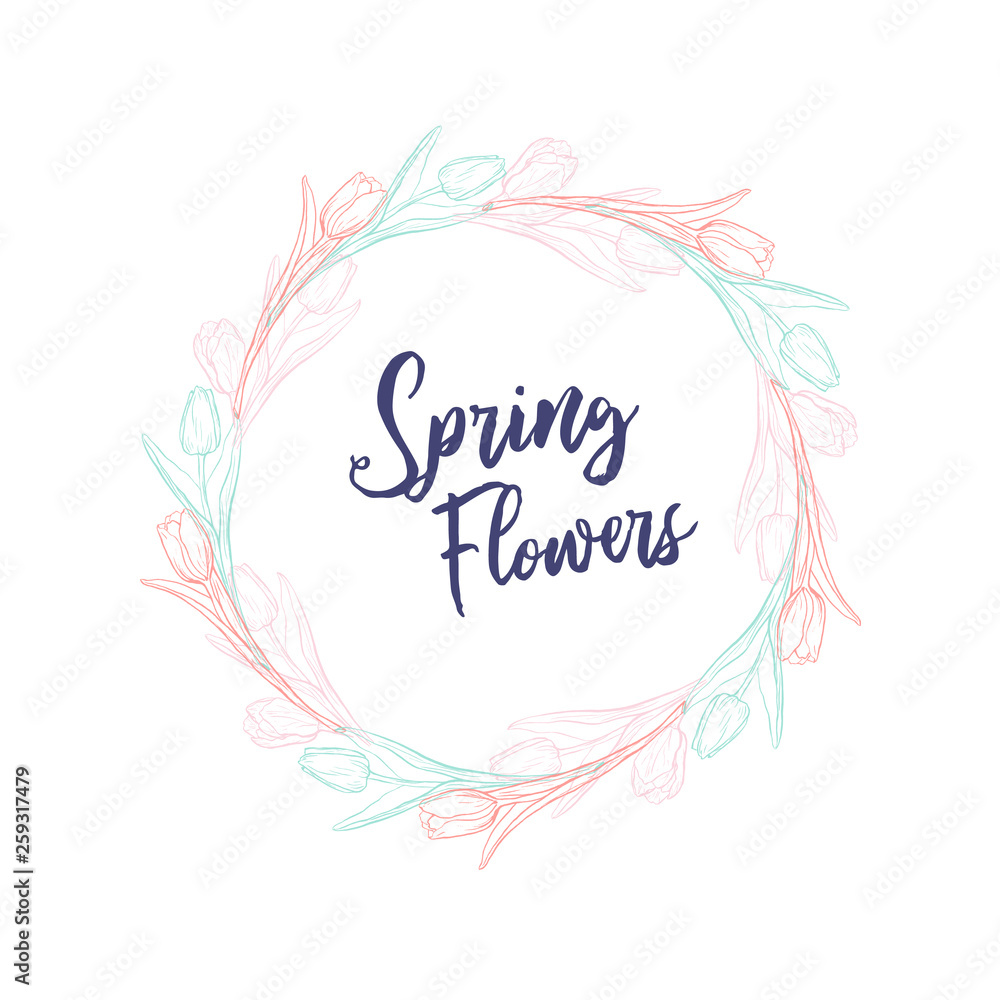 Floral wreath with hand drawn tulips and text. Banner with spring flowers on black background. Top view elements in pale tender colors. Floral wreath with hand drawn tulips and text. Banner with spring flowers on black background. Top view elements in pale tender colors.