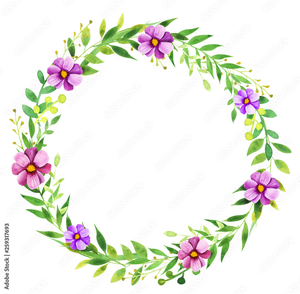 Watercolor floral wreath on white