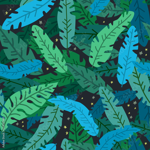 Tropical leaves vector pattern. Summer equatorial rainforest with foliage