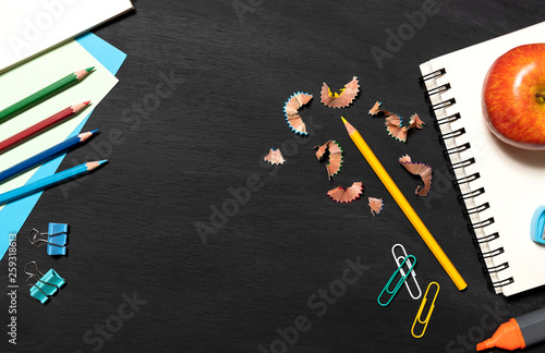 Back to school education and supplies for banner background on blackboard top view with copy space.