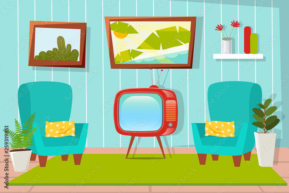 The interior of the room. Cozy living room with armchair and TV. Cartoon, scene. Vector.