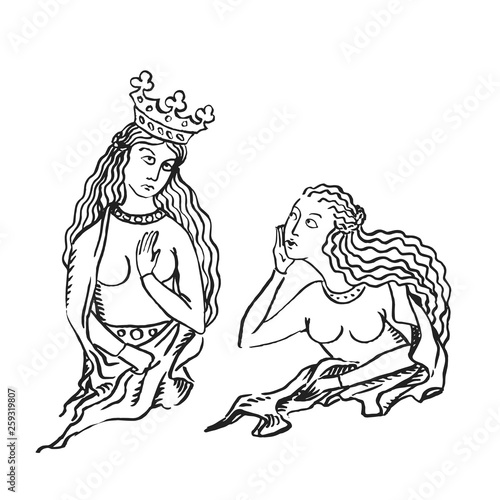Medieval art queen with crown and enly woman jealous and gossips
