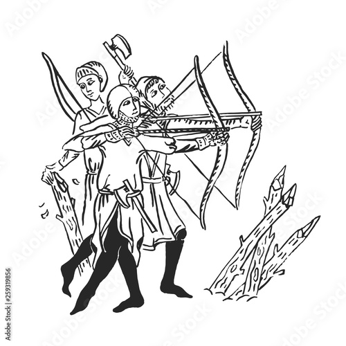 Medieval art archers with longbow ink illustration
