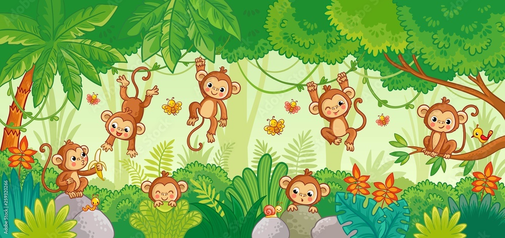 Naklejka premium Vector set with monkey in various poses on jungle background.