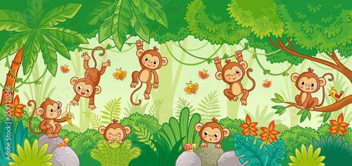 Fototapeta Naklejka Na Ścianę i Meble -  Vector set with monkey in various poses on jungle background.