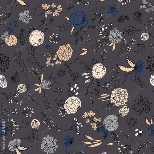 Floral vector seamless pattern with flowers, berries, leaves and twigs. Beautiful hand drawn bouquets in pastel colors in vintage style.