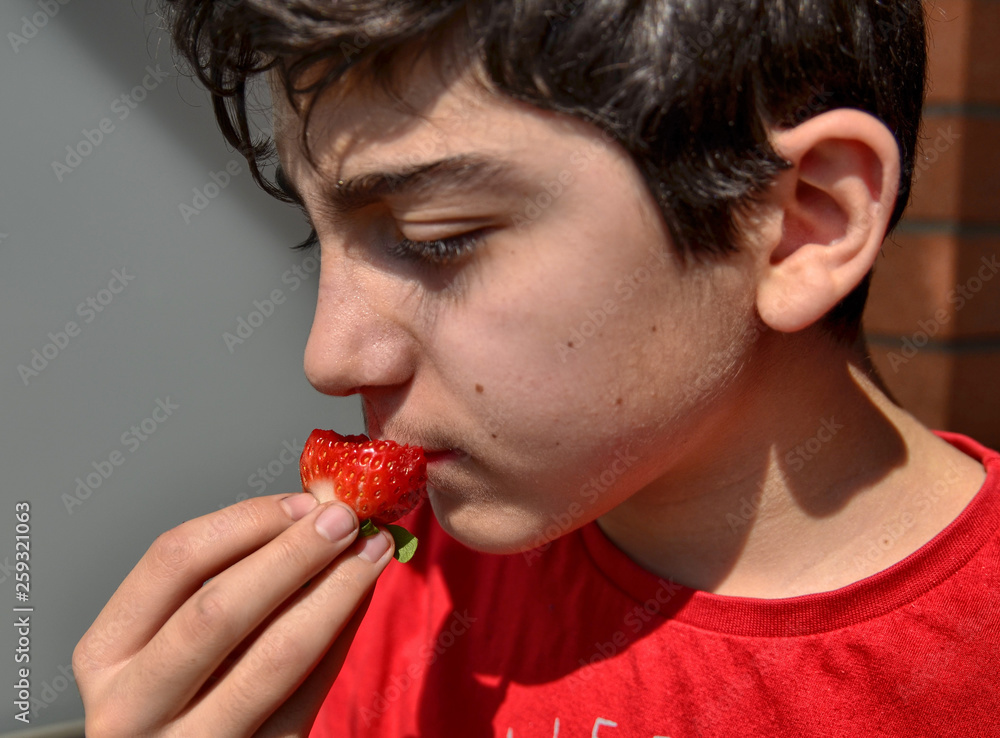 Caucasian child who is eating a strawberry Caucasian child who is eating a strawberry