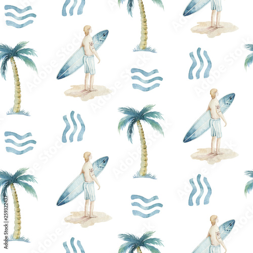 Photography Watercolor style seamless surfing pattern of surf man and woman surfers silhouettes with surfboard wave background