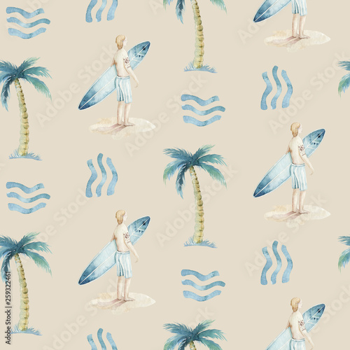 Photography Watercolor style seamless surfing pattern of surf man and woman surfers silhouettes with surfboard wave background