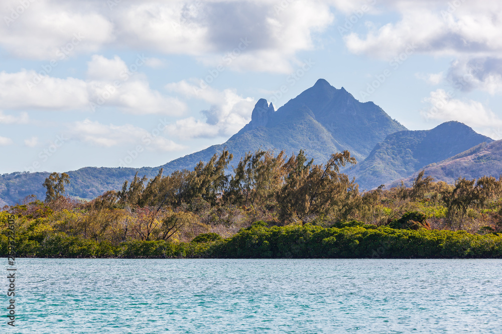 View from sea on the mountain landscape of tropical island Mauritius