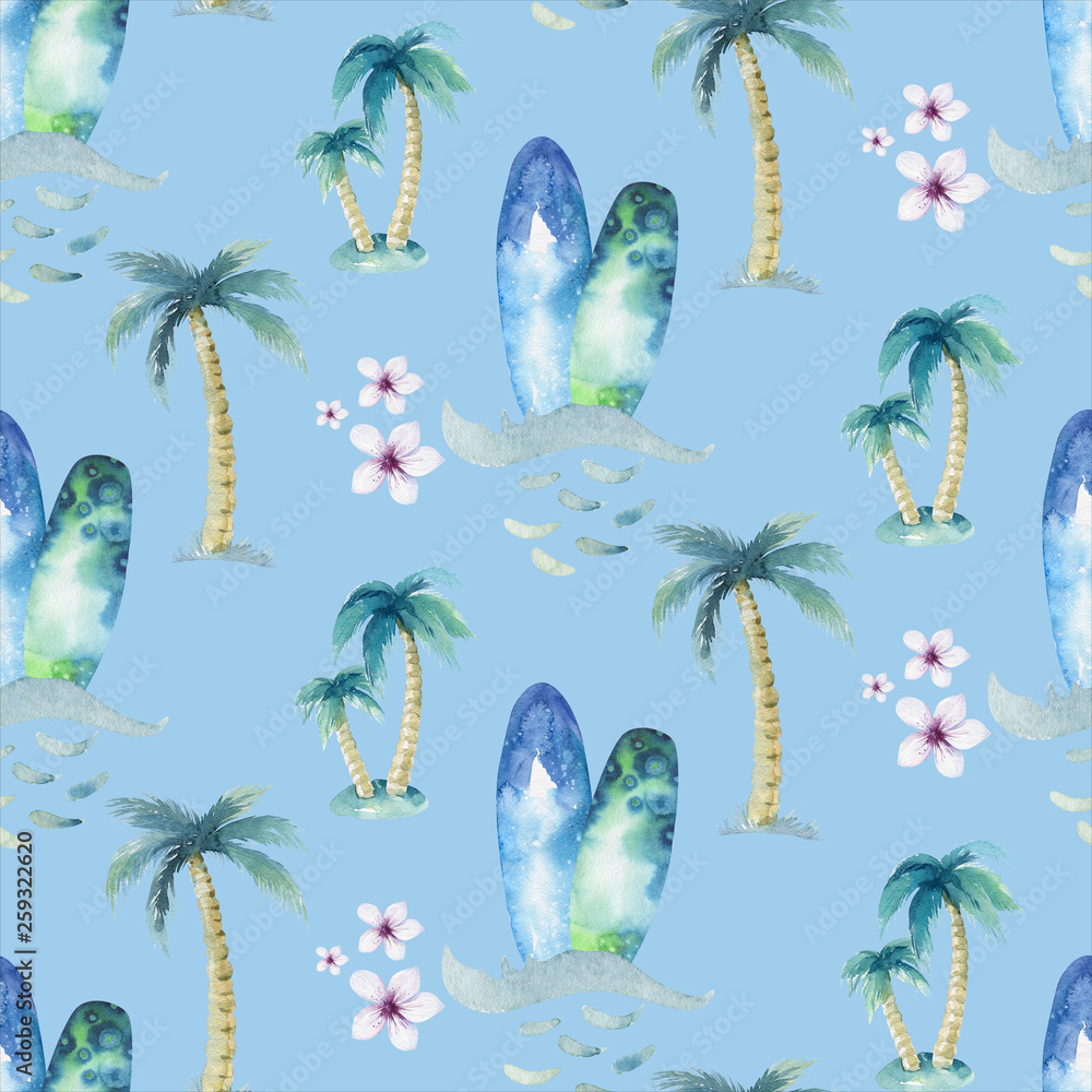 Watercolor style seamless surfing pattern of surf man and woman surfers ...