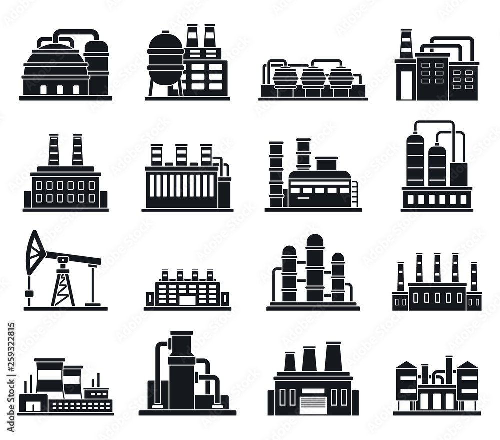 Refinery plant factory icons set. Simple set of refinery plant factory ...