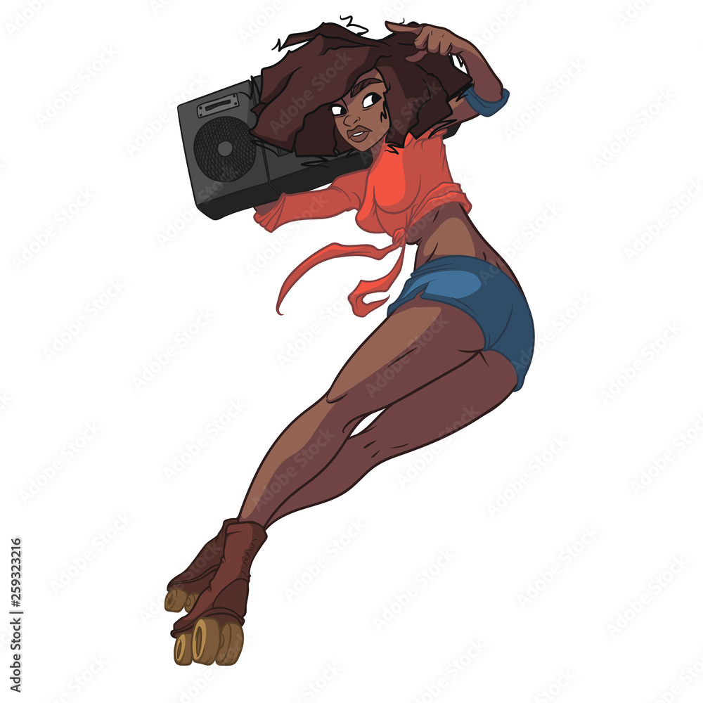 Φωτογραφία Beautiful black girl with amazing dark hair is riding on roller skates