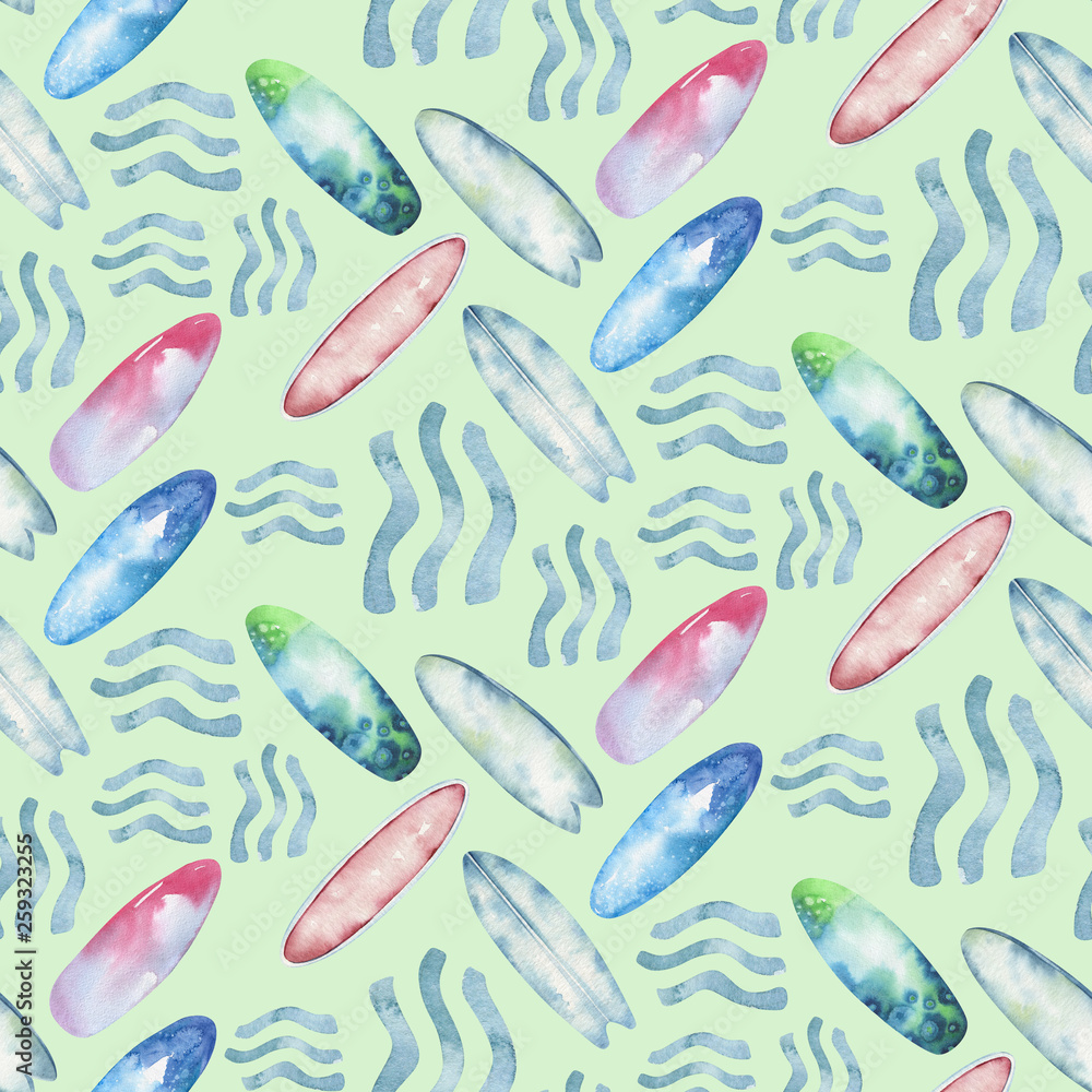 Watercolor style seamless surfing pattern of surf man and woman surfers silhouettes with surfboard wave background. Ocean surfing summer design Watercolor style seamless surfing pattern of surf man and woman surfers silhouettes with surfboard wave background. Ocean surfing summer design