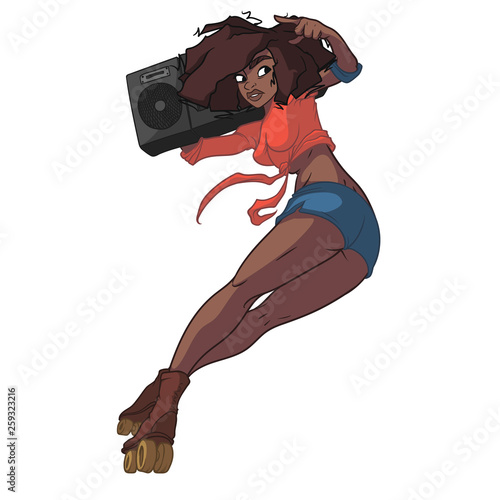 Beautiful black girl with amazing dark hair is riding on roller skates