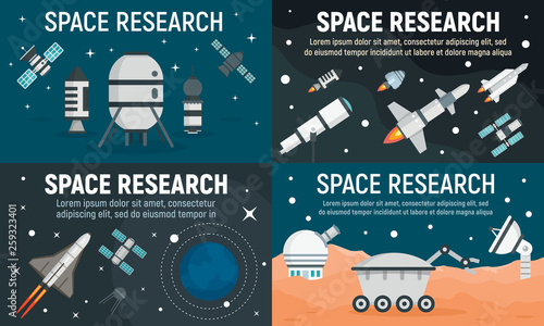 Space research technology banner set. Flat illustration of space research technology vector banner set for web design