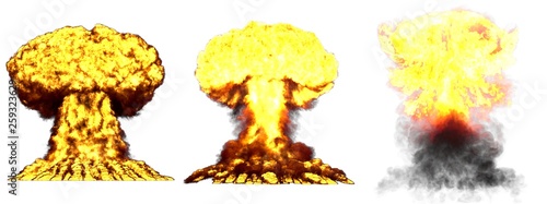 3D illustration of explosion - 3 big very detailed different phases mushroom cloud explosion of nuclear bomb with smoke and fire isolated on white