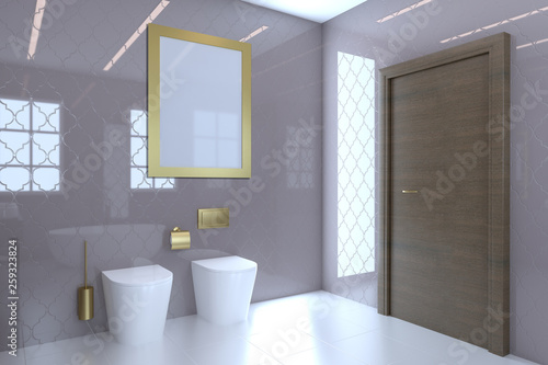 View of the sink  toilet and bidet in a large modern bathroom with brown doors.. Blank paintings.  Mockup. 3D rendering