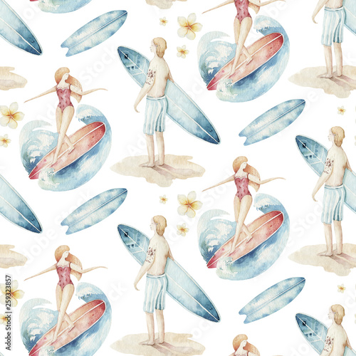Photography Watercolor style seamless surfing pattern of surf man and woman surfers silhouettes with surfboard wave background