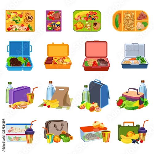 Lunchbox icons set. Cartoon set of lunchbox vector icons for web design