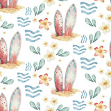 Watercolor style seamless surfing pattern of surf man and woman surfers silhouettes with surfboard wave background. Ocean surfing summer design