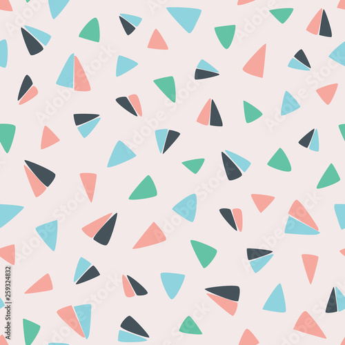 Seamless hand drawn geometric pattern with flying paper plane like triangles. Surface pattern design.