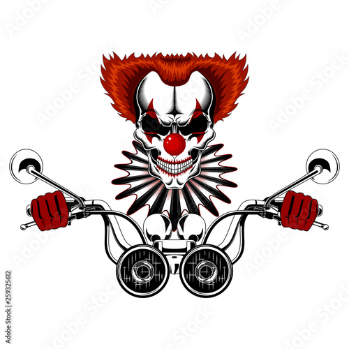 Vector image of a clown skull in red gloves driving a motorcycle. Clown skull with red hair and jabot on a white background.