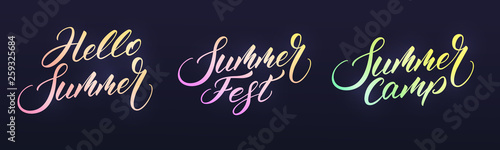 Summer lettering. Modern Summer calligraphy with trendy vibrant neon glowing colors. Vector labels for party, festival, camp, sale etc.