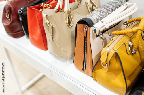 Close up collection of woman feminine handbags, standing in a row on shelf