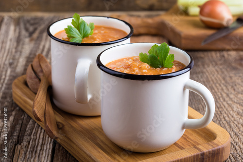 Картината върху платно Vegan pearl barley soup with seasonal vegetables