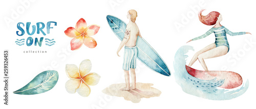 Photography Watercolor style set of surf man and woman surfers silhouettes with wave