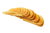 Tasty crispy potato chips on white background. Fast food snack.
