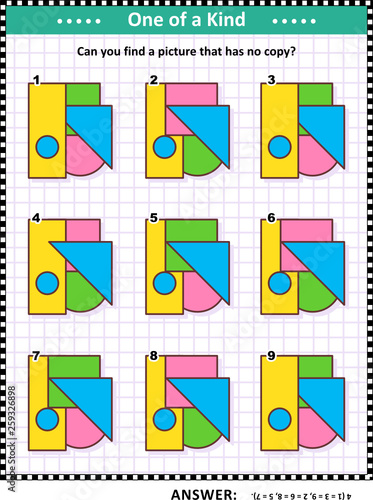 IQ training educational math puzzle for kids and adults with basic shapes - triangle, rectangle, circle, square - overlays and colors: Can you find the picture that has no copy? Answer included.