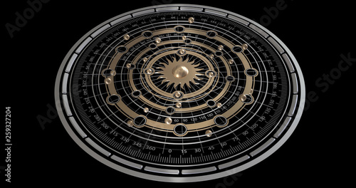 System of abstract particles and elements. Metaphorical measuring device. Solar system. Digital computer image. Generative picture. 3D illustration