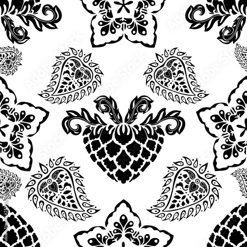 motif black and white paisley vector  seamless pattern floral background in Indian style