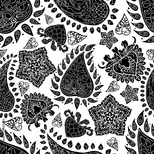 motif black and white paisley vector  seamless pattern floral background in Indian style