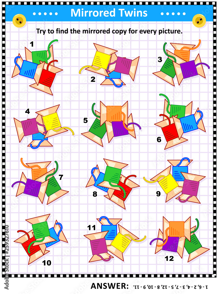 IQ training visual puzzle with colorful sewing spools (suitable both for kids and adults): Try to find the mirrored copy for every picture. Answer included. IQ training visual puzzle with colorful sewing spools (suitable both for kids and adults): Try to find the mirrored copy for every picture. Answer included.