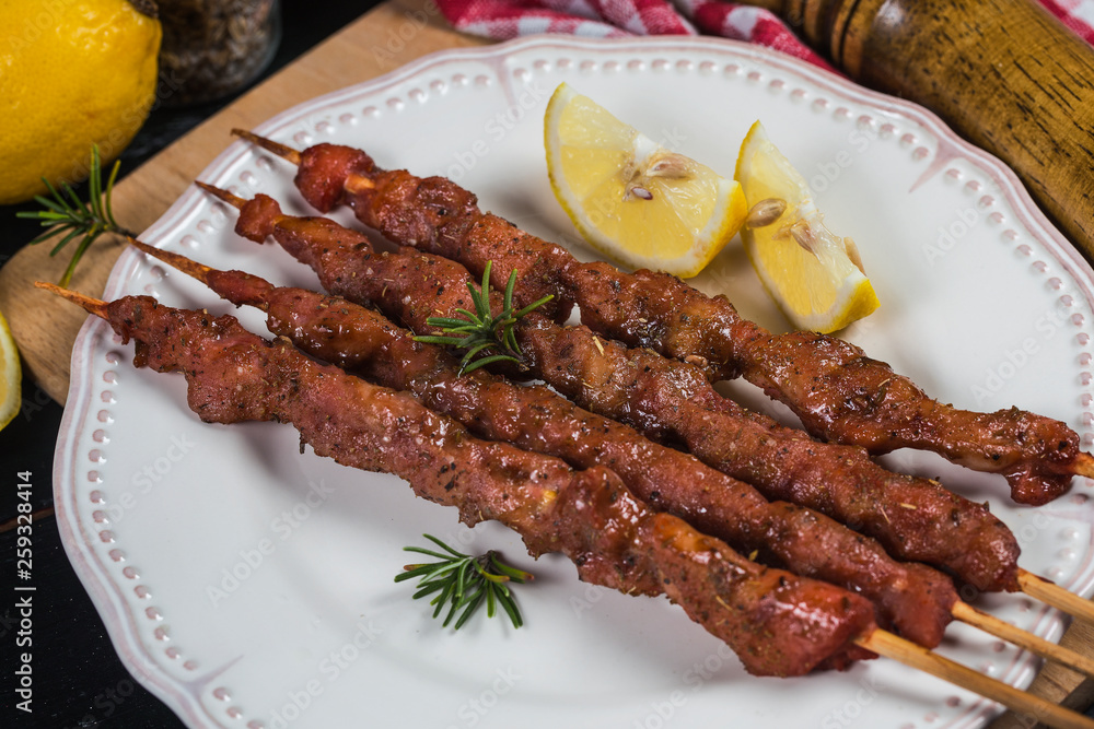 skewers shashlik kebab with red sauce