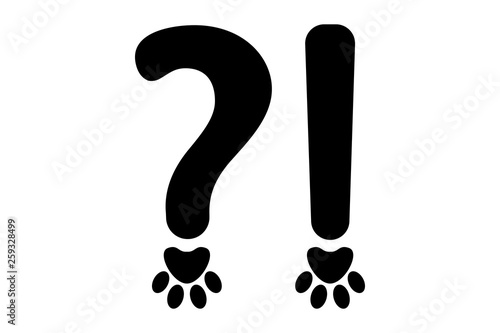 Orthography signs of black question mark and exclamation mark in animal style. Dog footmarks instead points in Typography elements. Vector typography signs ready for web and print.