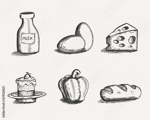 Retro icon set of food. Hand drawn vector illustrations of products. Line art sketch style. The bottle of milk, two eggs, cake with strawberry and cream, bell pepper, loaf of bread and piece of cheese