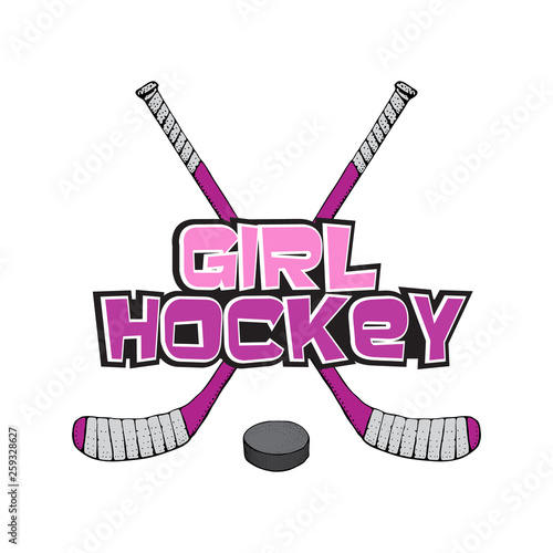 Pink Ice Hockey stick with puck. Hockey girl lettering. Sports Vector illustration isolated on white background. Ice hockey sports equipment. Hand drawn stick in cartoon style.
