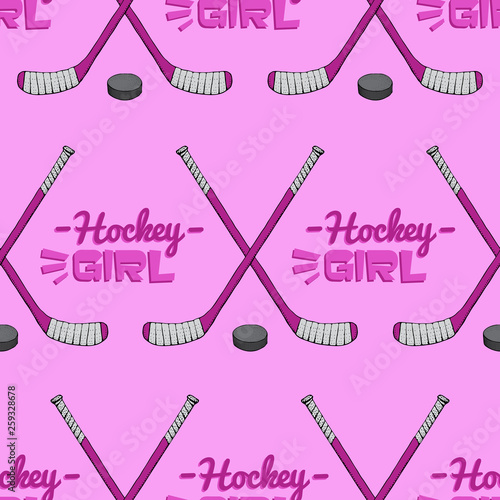 Vector hockey girl lettering. Ice hockey stick with puck seamless pattern. Ice hockey sports equipment on pink background. Illustration for poster, t-shirt, textile.