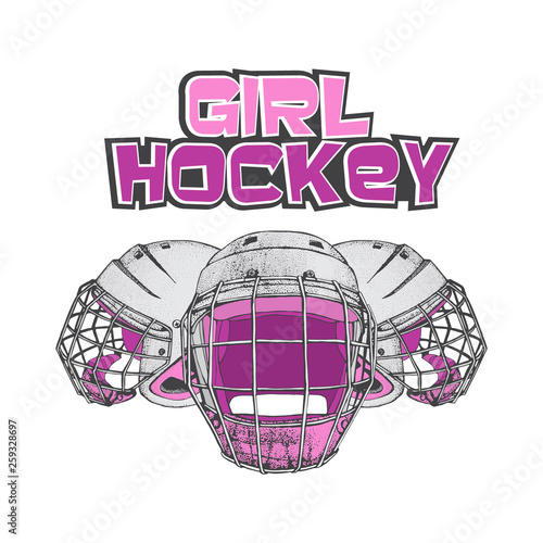Vector hockey girl lettering. Isolated pink hockey helmets with mask for woman on white background. Ice hockey sports equipment. Hand drawn helmet in sketch style.